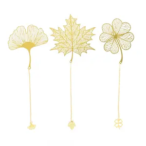 Chinese Bookmark Chinese Style Maple Ginkgo Leaf And Clover Metal Gold Bookmark With Pendant