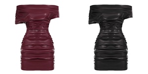 Minifalda de cuero sintético asimétrica con un solo hombro descubierto y fruncido, elegante y ajustada para mujer, ideal para salir de noche. - Product Image 6