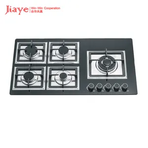 Jiaye new Kitchen appliances Tempered Glass gas stove Cost iron pan support Gas Hob 5 Burner Built in Stove