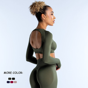 Conjuntos Deportivos para <span class=keywords><strong>Mujer</strong></span> de 2 Piezas, Ropa de Yoga de Manga Larga, Top Corto Acanalado sin Costuras, Leggings de Cintura Alta - Product Image 4
