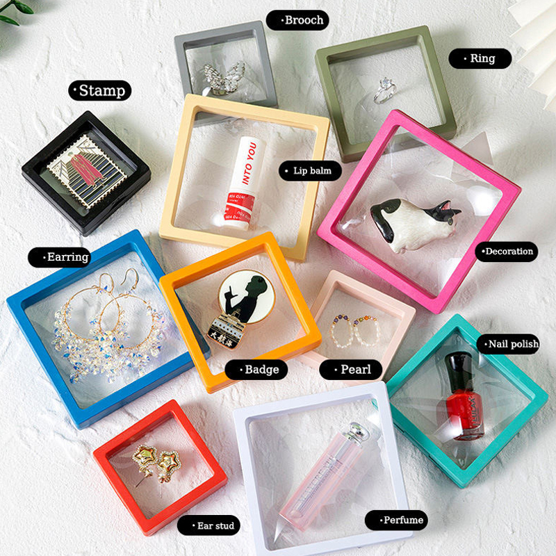 Ailison 12PC 3D Floating Frame Display Stands - Stackable Jewelry Organizer, PE Film Anti-Tarnish Boxes (3.54"x3.54")