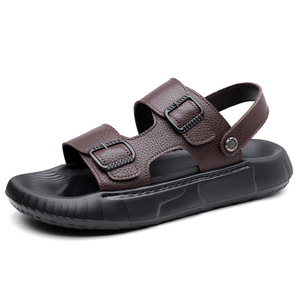 Sandales plates pour hommes en cuir de vachette première couche, à bout ouvert, semelle extérieure en caoutchouc antidérapante, respirantes, semelle intérieure souple en EVA, chaussures d'été décontractées pour la plage - Product Image 5