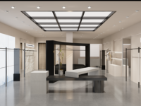 Kiosque de Magasin de Vêtements Minimaliste Noir et Blanc Tout-en-un avec Éclairage LED, Cadre Métallique en Verre Courbé, Comptoir de Caisse, OEM 3D Gratuit