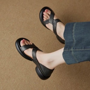 Comfortable Beige Microfiber Heeled <b>Sandals</b> With Chunky Platform Open Toe Slip-On Summer Women Shoes Drop Shipping - Product Image 2