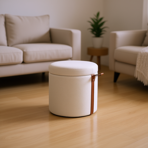 Brandy Round Upholstered <b>Storage</b> Ottoman Flax White 14 In Leather Accent Modern Minimalist Living Room Furniture - Product Image 2