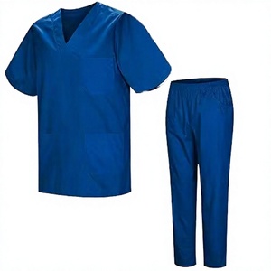 Ensemble de tenue médicale unisexe bleu en tissu toile Spandex/Polyester, pantalon et haut à col en V avec poches et porte-badge, détection d'aiguilles - Product Image 3