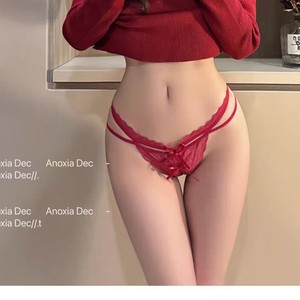 String sexy rouge pêche avec bretelles croisées en dentelle, taille basse, pur et séduisant, parfait pour votre année du zodiaque - Product Image 4