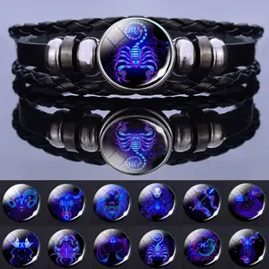 Pulseira de couro 12 signos do zodíaco, pulseira masculina e feminina multicamadas, bracelete de couro com tecido e pulseira para presentes de aniversário