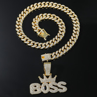 Collier chaîne cubaine 13 mm en alliage avec pendentif couronne bling hip-hop et diamants, bijoux pour hommes hipster, vente en gros
