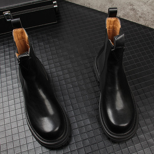 Bottes <span class=keywords><strong>Chelsea</strong></span> pour hommes en cuir véritable, bout rond, semelle épaisse, bottes courtes, semelle extérieure en caoutchouc, fermeture à enfiler, style simple, automne - Product Image 4