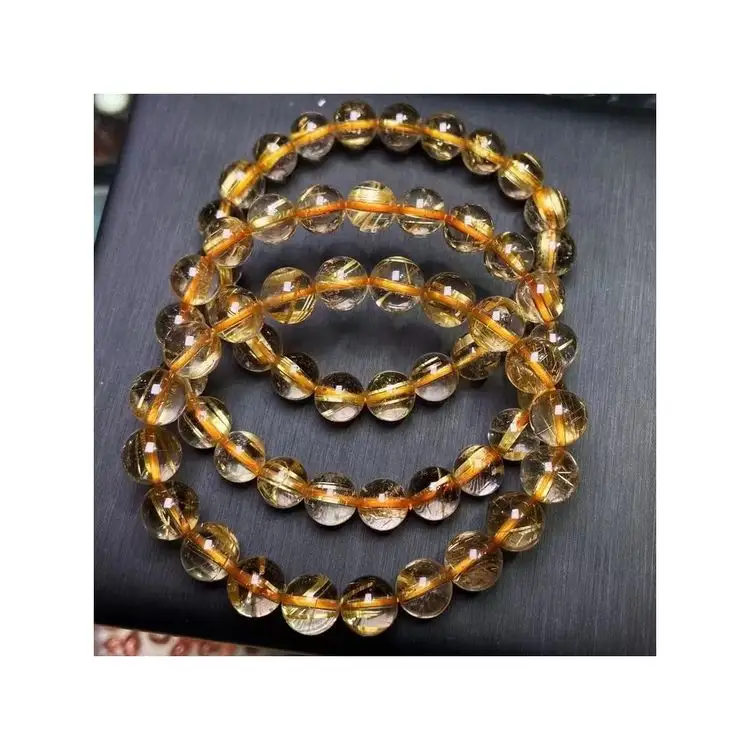 Gelang manik-manik bulat Quartz Rutilated emas alami kualitas bagus gelang manik-manik AA kuarsa berlapis emas