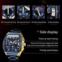 OLEVS 3661 Montre originale à quartz pour homme Cadran tonneau Étanche Aiguilles lumineuses Acier inoxydable Phase de lune Chronographe Montres pour homme