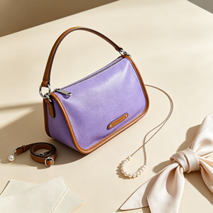Bolso de hombro de cuero granulado morado claro, cierre de cremallera con ribete marrón, dos correas, bolso informal para uso diario - Product Image 5