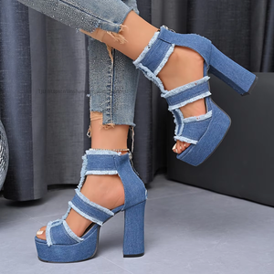 New Jeans Plus Size Women's Summer Heeled <b>Sandals</b> With Chain Back Zipper - Product Image 3