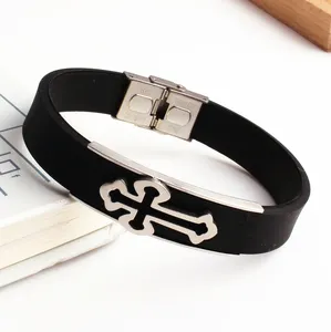 2023 New Wholesale Stainless Steel Cross Silicone Bracelet Fashion Wristband Catholic Gift for Men and Women