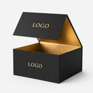 Boîte cadeau magnétique pliable personnalisée, boîte cadeau rigide noire avec intérieur doré, logo estampé à chaud, forme rectangulaire, emballage haut de gamme - Product Image 1