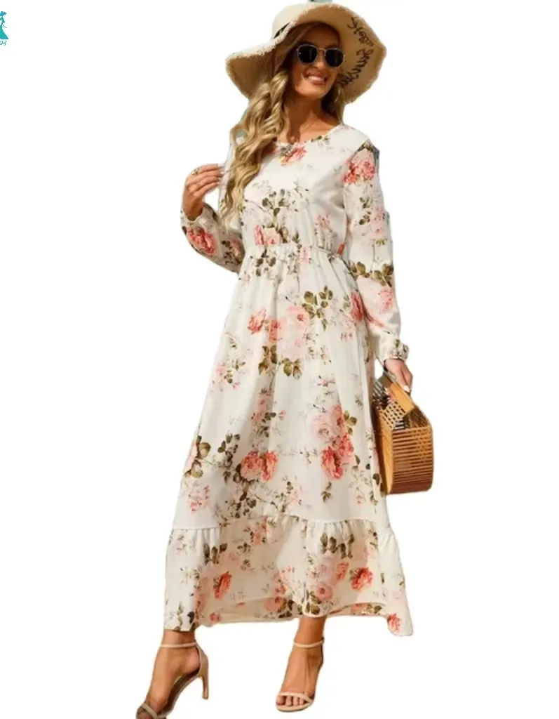 2024 primavera mujeres Maxi vestidos Casual manga larga Floral impreso cuello redondo Mujer Bohe playa fiesta vestido largo