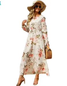 2024 Mùa Xuân Phụ Nữ Maxi Dresses Giản Dị Đầy Đủ Tay Áo Hoa In O-Cổ Phụ Nữ Bohe Bên Bãi Biển Dài Ăn Mặc