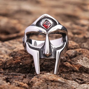 yunnique Punk Mask <b>Ring</b> Stainless Steel Men's Gothic Warrior Viking Style Red Stone Inlay JZ0072 - Product Image 3
