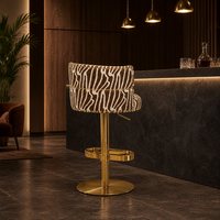 Tabouret de bar pivotant élégant à imprimé zèbre, en velours marron beige, avec coussin épais, piétement doré, repose-pieds ovale et vérin à gaz