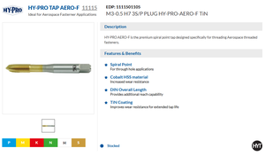 Suministro de Fábrica, Estándar DIN, para Fijaciones Aeroespaciales, Macho de Roscar Espiral HSS con Punta de Cobalto Recubierta de TiN, M3-0.5 H7 3S/P PLUG HY-PRO-AERO-F - Product Image 3