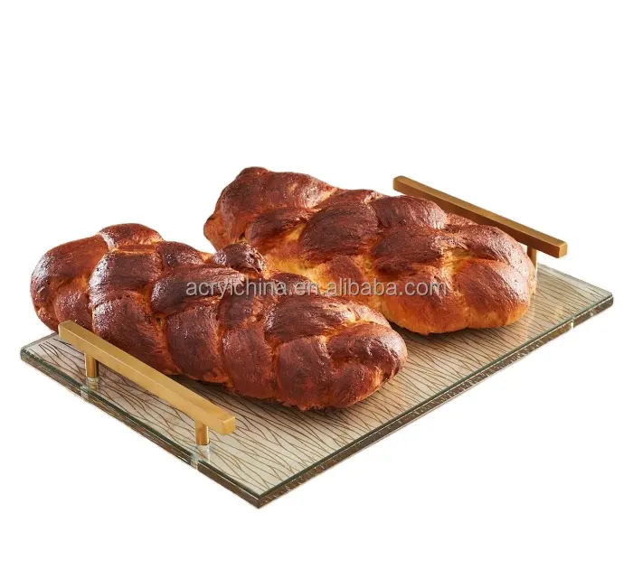 Papan Challah Lucite marmer kustom dengan 2 pegangan emas untuk Yahudi