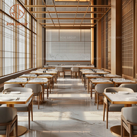 Ensemble de mobilier de restaurant avec dessus de table en marbre et bases en métal doré, chaises en cuir gris à dossier haut et canapé banquette