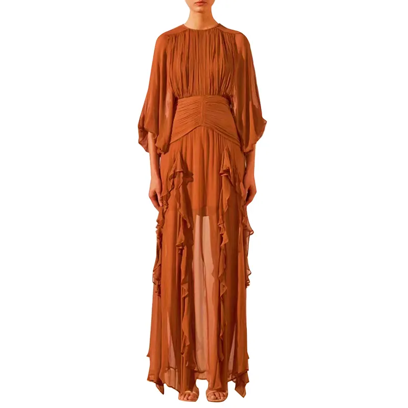 CHICEVER Lantern Sleeve High Waist Solid Midi Ruffle Trim Fashion Chiffon Dress Women Long Sleeve Dresses
