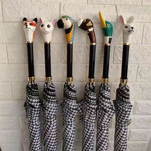 Flower Printed Animal Head Handle Straight Long Umbrella for Travel for Promotions