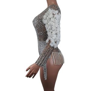 Vestidos de Baile Latino de Salón para Mujer, Estilo <span class=keywords><strong>Beyoncé</strong></span>, Super Sexy, con Perlas de Nailon, Pedrería, Flores y Elástico - Product Image 5