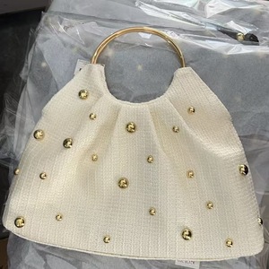 New explosive fashion nail bead straw bag vacation seaside beach woven pleated <b>ring</b> handbag for women Bag - Product Image 4