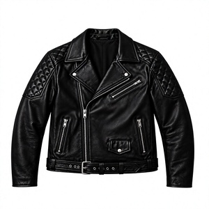 Blouson de moto en cuir d'agneau noir pour homme, fermeture éclair asymétrique, col large, ceinture à la taille, panneaux d'épaule unis ou matelassés - Product Image 1