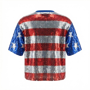 Independence Day <strong>Crop</strong> <strong>Top</strong> in Red <strong>White</strong> Blue <strong>Sequins</strong> Loose Fit Polyester Canvas Summer Casual Embroidered Design - Product Image 4