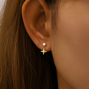 Pendentif étoile à quatre branches en argent 925 avec petite fleur, pierre de lune et zircon, breloque cœur émaillé, piercing à vis - Product Image 5