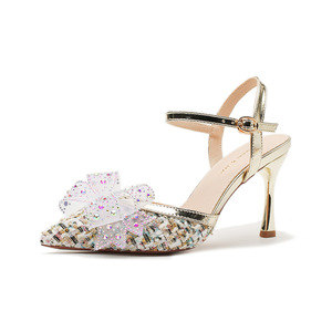 Heeled <b>Sandals</b> Pointed Toe Stiletto Heel High Heel Mixed Colors <b>Bow</b> Decoration Fashion Trend Women's Shoes - Product Image 5