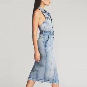 Vestido vaquero de verano al por mayor, elegante y sexy, sin mangas, con espalda descubierta, 100% algodón, con abertura, lavado ácido, estilo modesto - Product Image 3