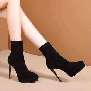 Bottes à talons aiguilles pointus de 12 cm en PU pour femme, plateforme amincissante, rehaussant la taille, chaussures habillées polyvalentes et tendance - Product Image 4