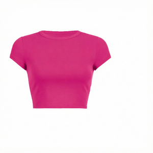 เสื้อครอปท็อปผู้หญิง สีชมพู แขนสั้น คอกลม ผ้าถักรัดรูป ระบายอากาศได้ดี ผ้าฝ้ายผสมสแปนเด็กซ์ สวมใส่สบายๆ ในฤดูร้อน - Product Image 1