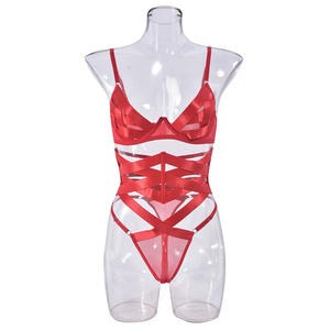 Nieuwe Trend Sexy Lingerie Met Elkaar Verweven Bandjes Blootgestelde Borsten Verzameld Slim Fit Taille Cinch Sexy Lingerie 3-delige Set Voor Vrouwen - Product Image 6