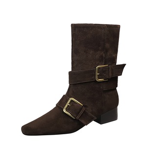 Bottines pour femmes en daim à bout pointu, style western rétro 2026, avec boucle de ceinture et talon épais - Product Image 1