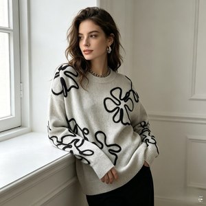 Damen Pullover mit abstraktem Linienkunst-Blumendruck, lässiger Rundhalsausschnitt, Oversize, langärmlig, OEM, individuell anpassbar, für den Alltag - Product Image 2