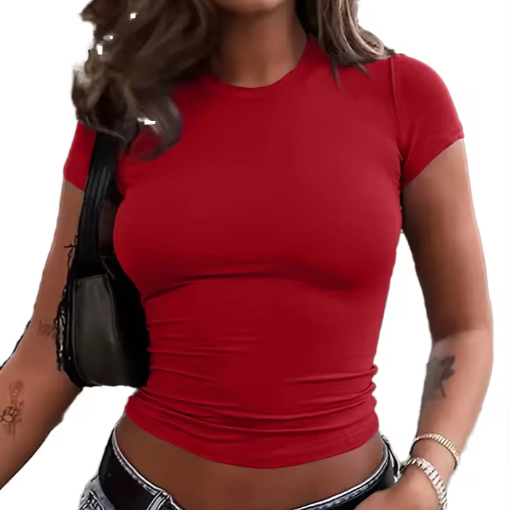 Round Neck Right Shoulder Short Sleeve Women's Summer 2026 New Slim Fit Versatile Slim Short Top T-Shirt