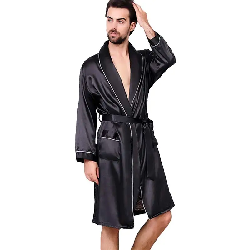 Benutzer definierte solide schwarze Kordel zug Seide Satin atmungsaktive Männer Pyjama Bademantel