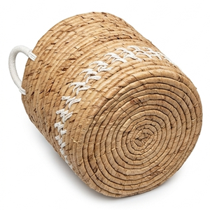 Handcrafted Water Hyacinth Storage <b>Basket</b> With <b>White</b> Rope Accent Boho Woven <b>Laundry</b> Hamper Cotton Handles For Home Decoration - Product Image 2