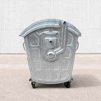 Conteneur à déchets métallique galvanisé à chaud de 1100 litres avec couvercle en acier et 4 roulettes pivotantes, 2 avec freins, pour la collecte des déchets municipaux
