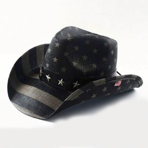 High Quality Bulk Men's Paper <b>Straw</b> Cowboy <b>Hat</b> <b>Straw</b> <b>Hat</b> Roll up Brim Sombreros Us Flag Western Cowboy <b>Hat</b> - Product Image 3