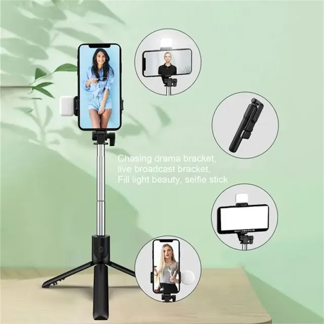 Extendable Selfie Stick Tripod Blue-tooth Phone Stand with Fill Light Wireless Remote With Holder for Live Streaming and Travel