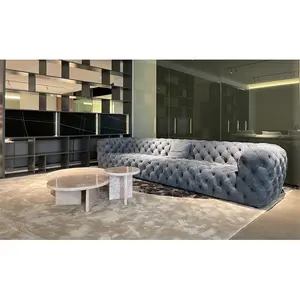 Sofa santai Chesterfield beludru hitam biru 4 tempat duduk Sofa sudut beludru besar dalam ruangan kualitas tinggi Set Sofa kain