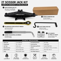 Cric ciseaux portable 2 tonnes (4409 lb) à manivelle pour voiture, kit de réparation d'urgence des pneus avec clé à écrous pour berline, SUV, MPV