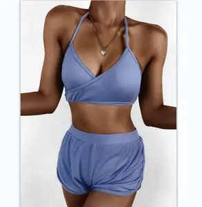 Bikini de cintura alta para mujer, traje de baño de tres piezas, Color sólido, para exteriores, 2021